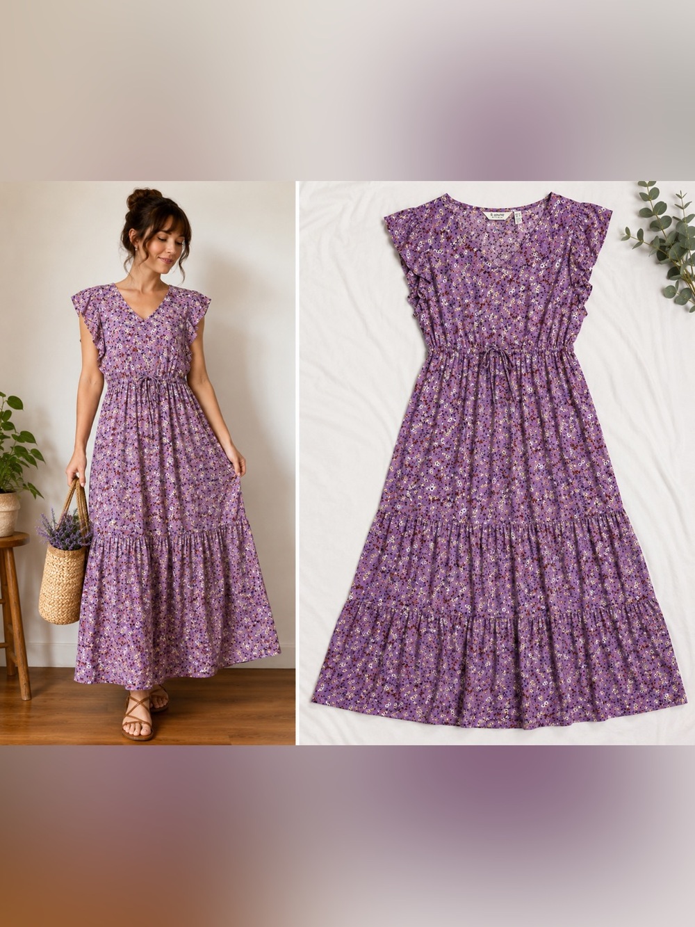 b.young Joella Frill Floral Maxi Dress 6 Pink Flutter Sleeve Boho Cottagecore